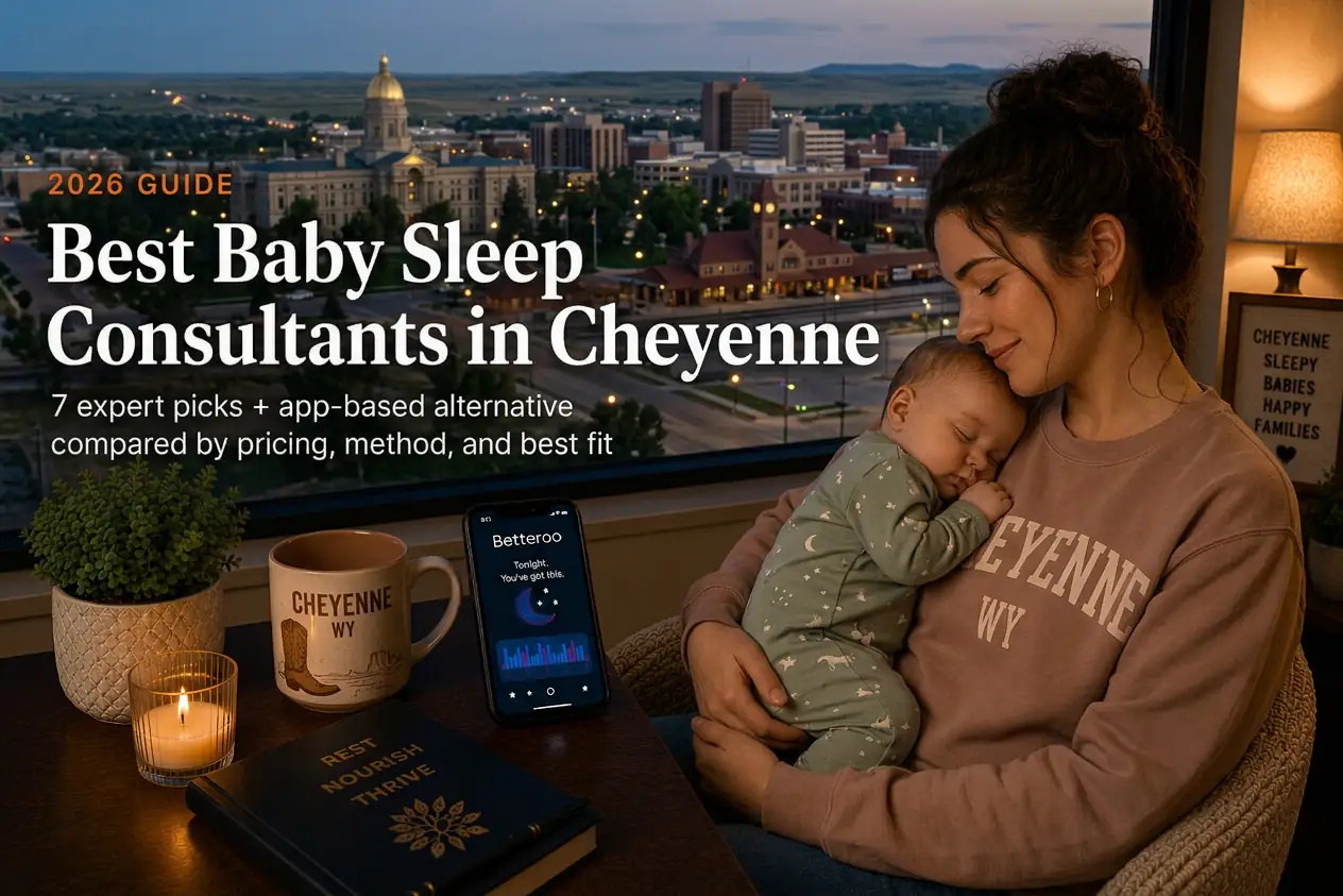 Mother holding sleeping baby by a window over the Capitol dome at dusk, baby sleep consultants in Cheyenne