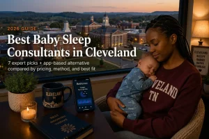 Mother rocking a sleeping baby near the Tennessee foothills at dusk, guide to baby sleep consultants in Cleveland