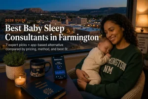 Mother rocking a sleeping baby near Four Corners mesas at dusk, baby sleep consultants in Farmington