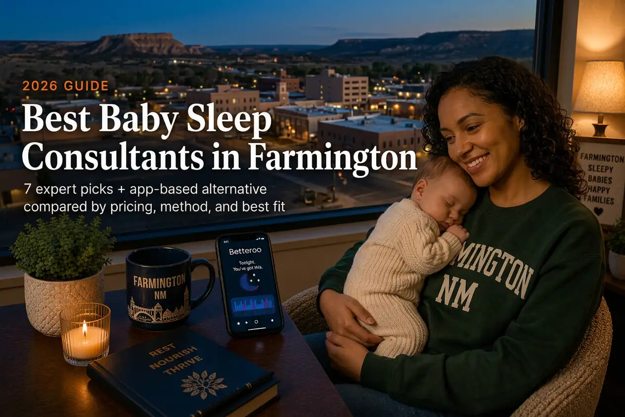Mother rocking a sleeping baby near Four Corners mesas at dusk, baby sleep consultants in Farmington