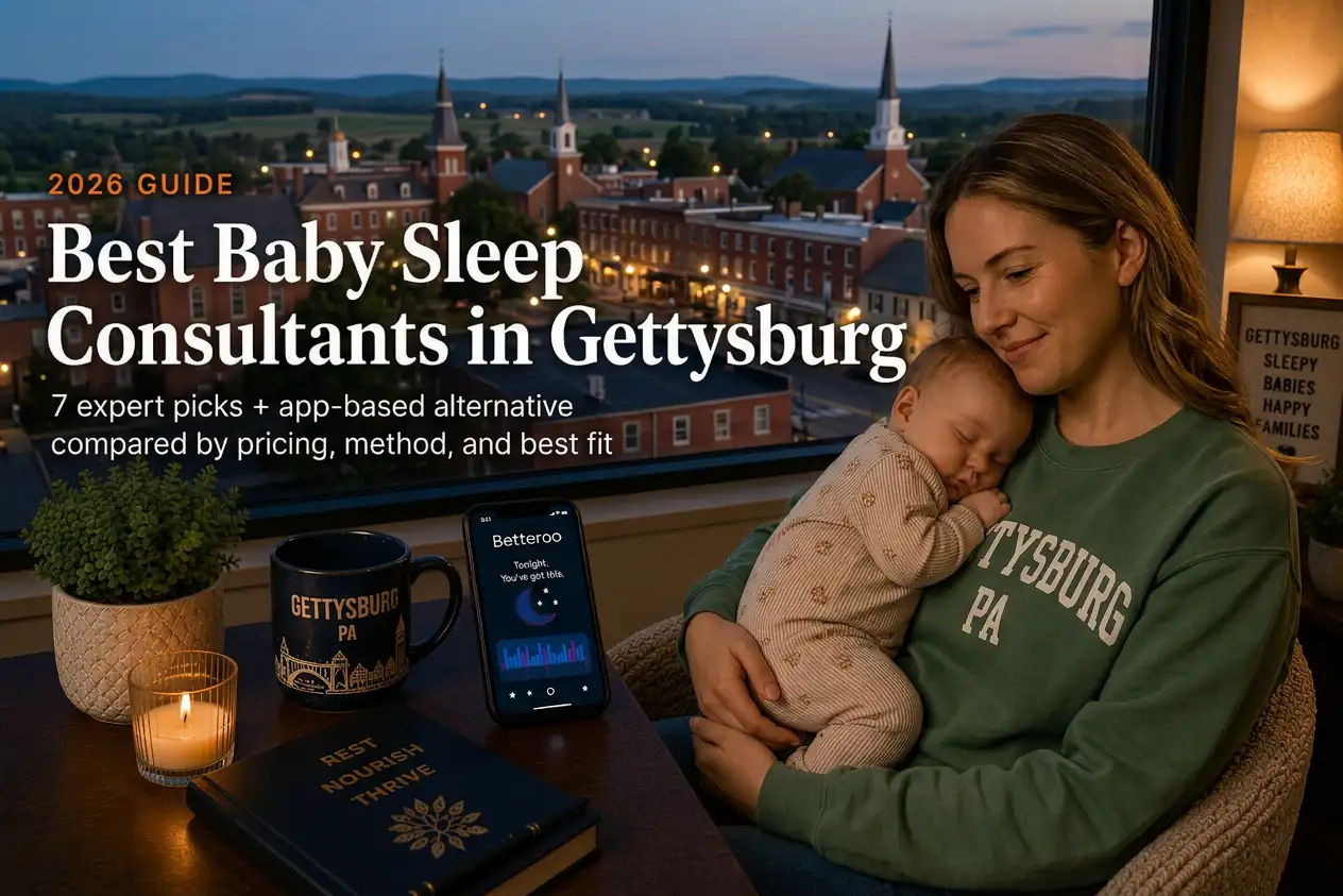 Mother holding sleeping baby by window over church steeples and farmland at dusk, baby sleep consultants in Gettysburg