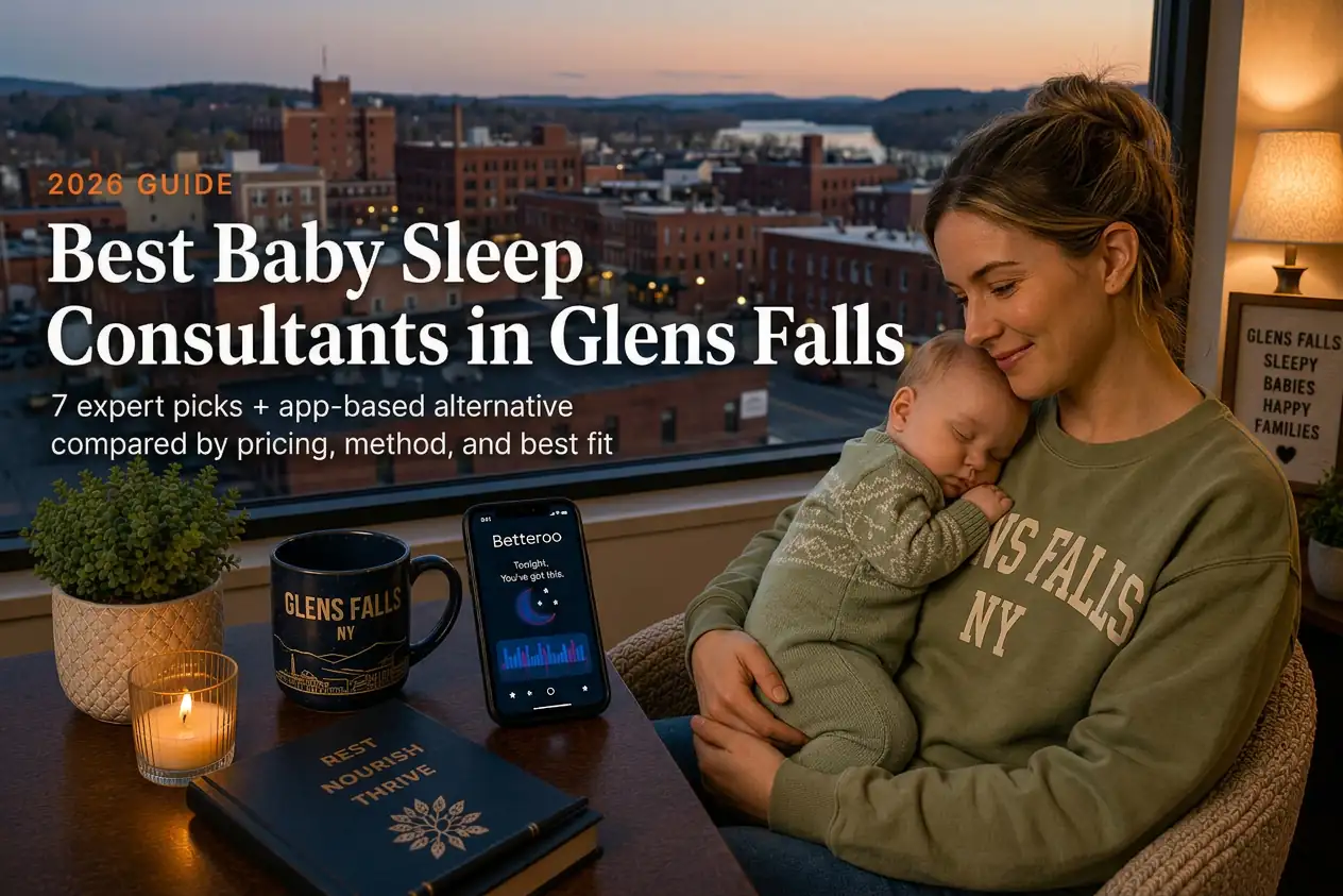 Mother holding a sleeping baby above the downtown skyline at dusk, baby sleep consultants in Glens Falls