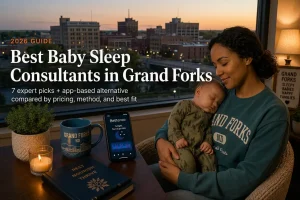 Mother holding sleeping baby by window over downtown Grand Forks at dusk, baby sleep consultants in Grand Forks