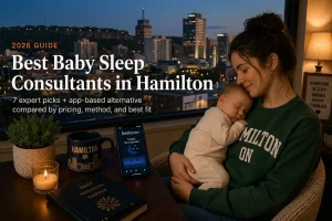 Mother rocking a sleeping baby above downtown Hamilton and the escarpment, baby sleep consultants in Hamilton