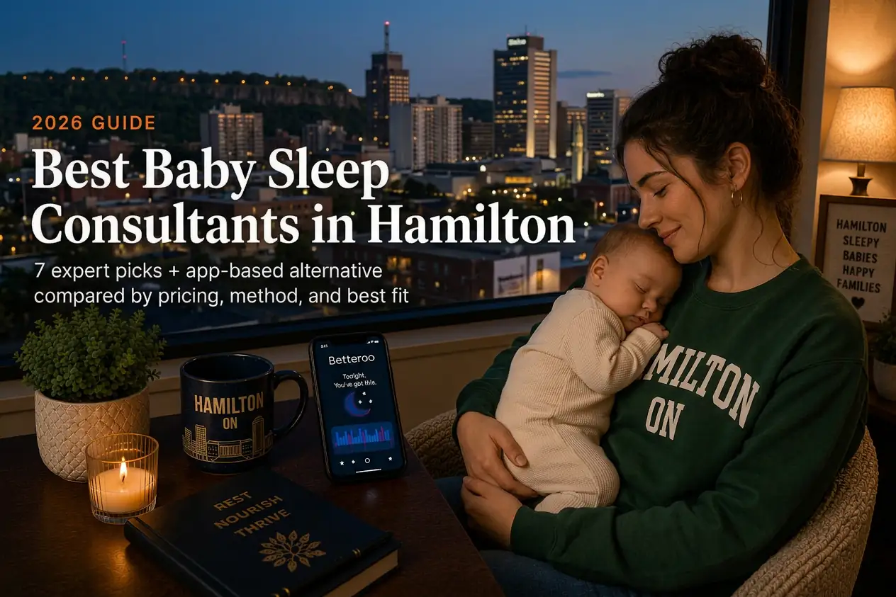 Mother rocking a sleeping baby above downtown Hamilton and the escarpment, baby sleep consultants in Hamilton