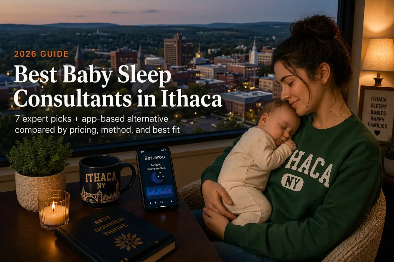 Mother holding sleeping baby by a window over downtown Ithaca at dusk, baby sleep consultants in Ithaca