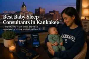 Mother holding sleeping baby by window over the domed courthouse and Kankakee River, baby sleep consultants in Kankakee
