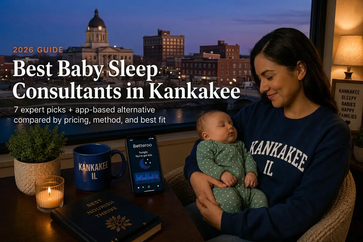 Mother holding sleeping baby by window over the domed courthouse and Kankakee River, baby sleep consultants in Kankakee