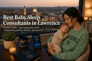 Mother rocking a sleeping baby near the University of Kansas Campanile at dusk, baby sleep consultants in Lawrence