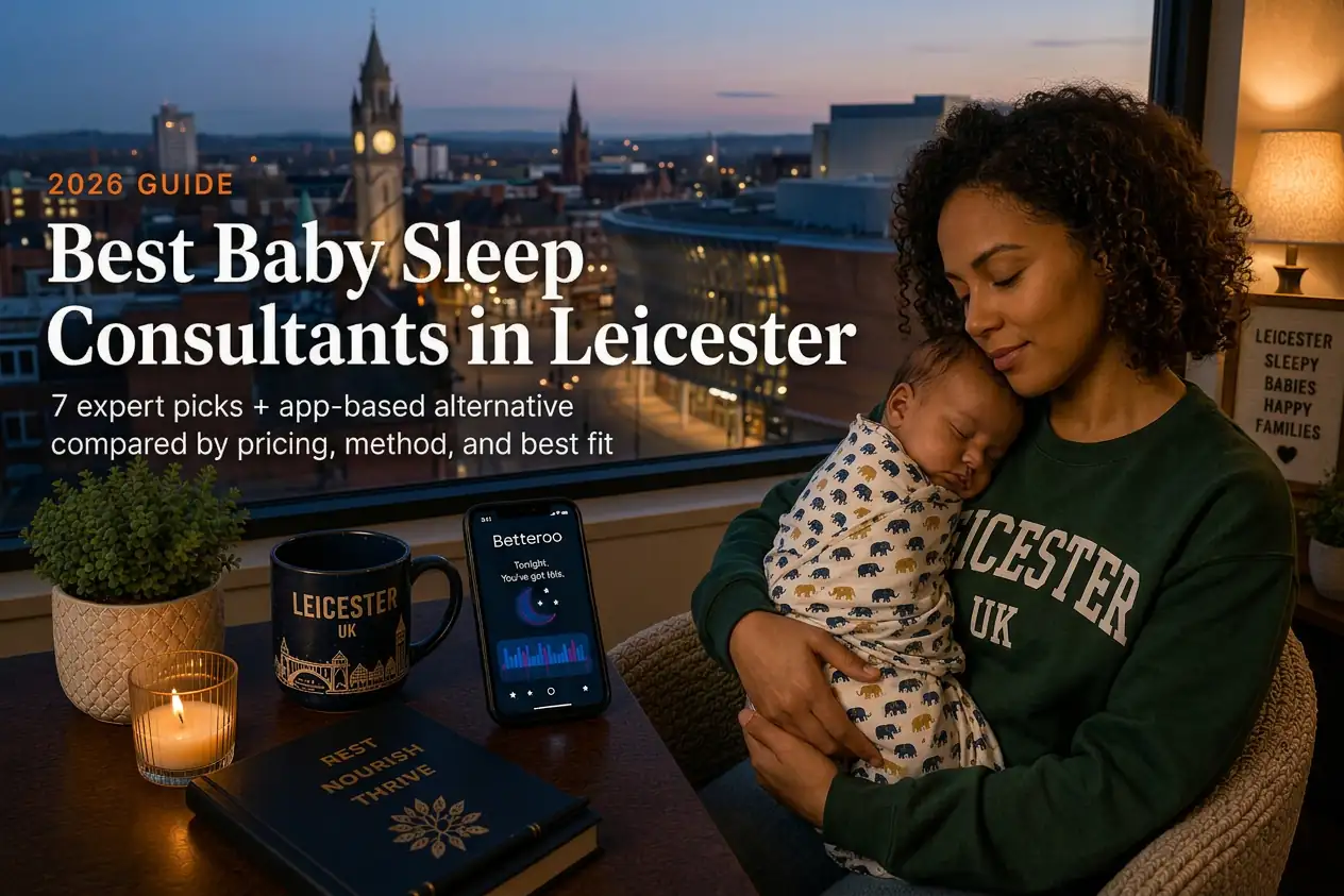 Mother rocking a sleeping baby by a window over the Leicester Clock Tower, baby sleep consultants in Leicester