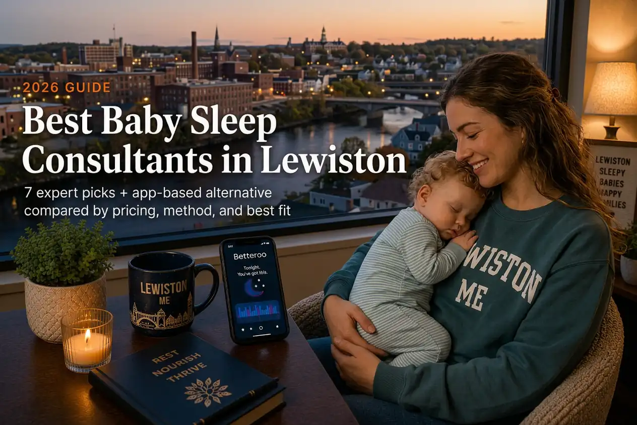 Mother holding sleeping baby by a window overlooking the Androscoggin River at dusk, baby sleep consultants in Lewiston