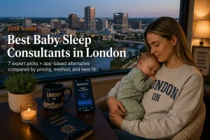Mother rocking a sleeping baby by a window over the Thames River, baby sleep consultants in London Ontario