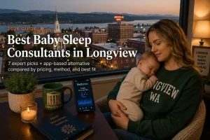 Mother holding sleeping baby by a window overlooking Longview and the Columbia River, baby sleep consultants in Longview
