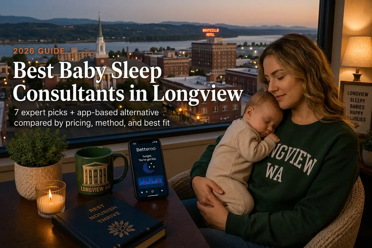 Mother holding sleeping baby by a window overlooking Longview and the Columbia River, baby sleep consultants in Longview