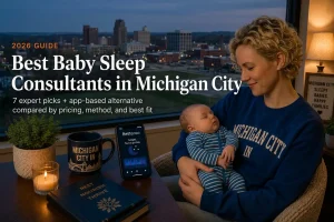 Top 7 Best Baby Sleep Consultants in Michigan City in 2026 | Betteroo Mother holding sleeping baby by window over the downtown skyline at dusk, baby sleep consultants in Michigan City