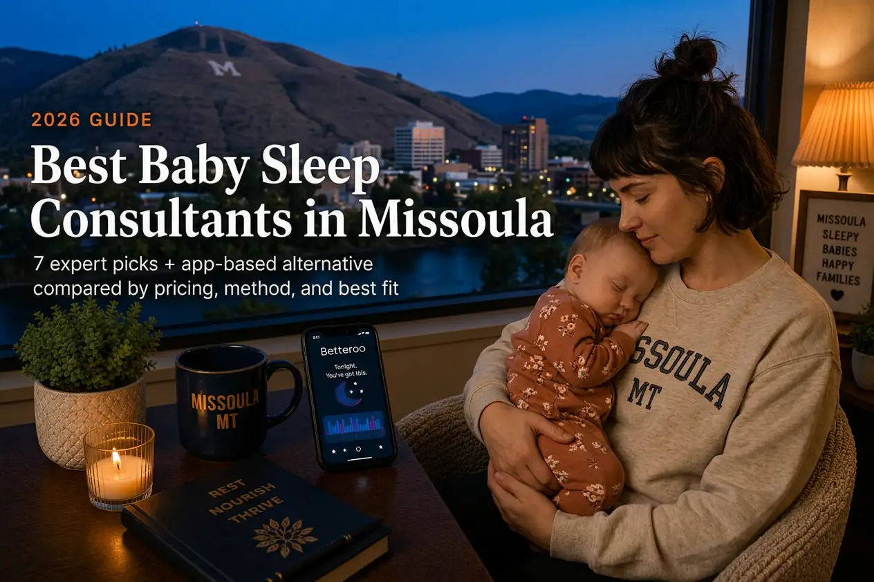 Mother rocking a sleeping baby near Mount Sentinel at dusk, guide to baby sleep consultants in Missoula