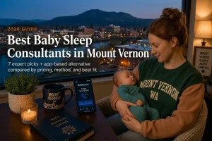 Top 7 Best Baby Sleep Consultants in Mount Vernon Wa 2026 | Betteroo Mother rocking a sleeping baby near Skagit Valley tulip fields, guide to baby sleep consultants in Mount Vernon