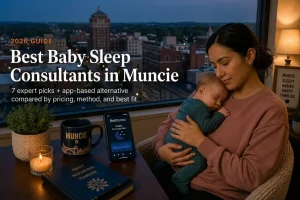 Mother holding sleeping baby by window over downtown Muncie's brick skyline at dusk, baby sleep consultants in Muncie