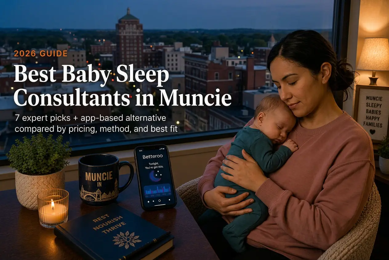 Mother holding sleeping baby by window over downtown Muncie's brick skyline at dusk, baby sleep consultants in Muncie
