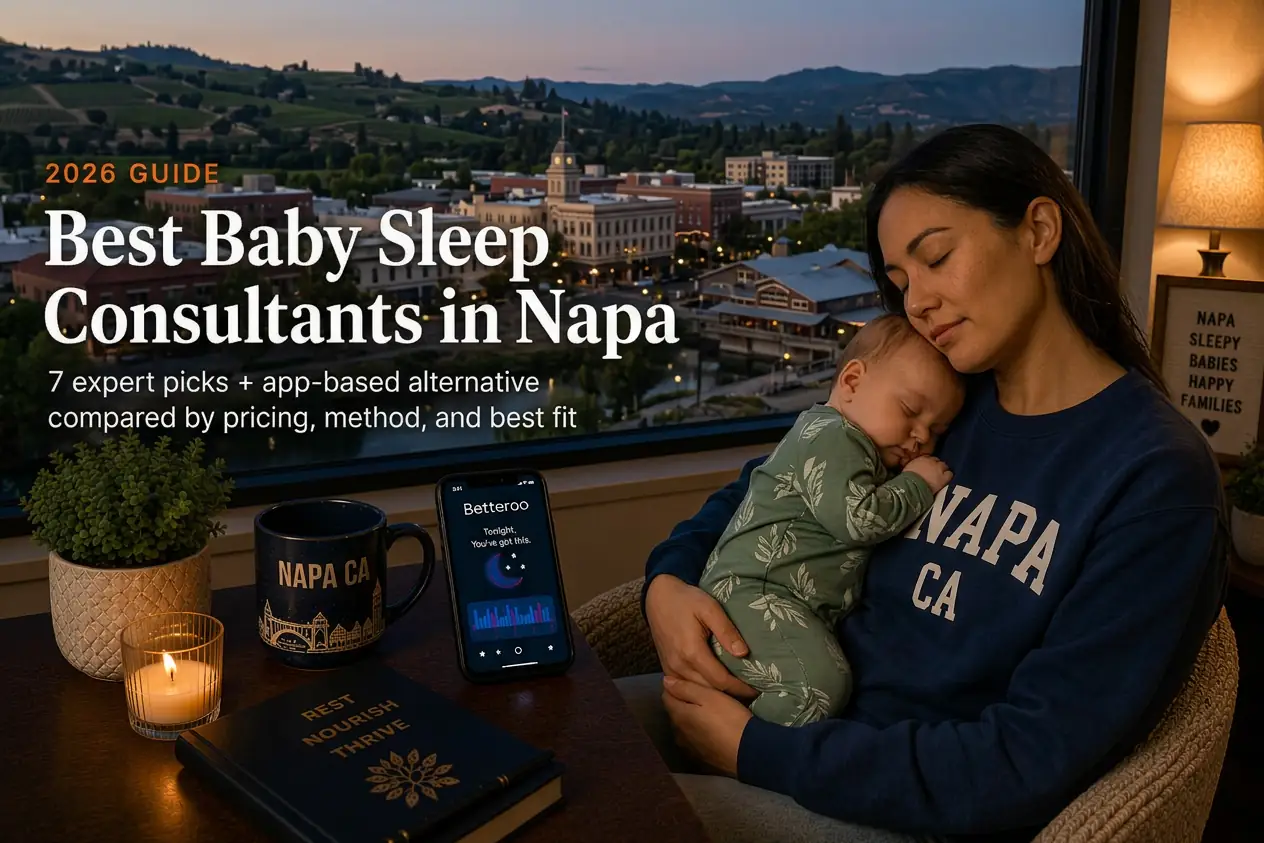 Mother rocking a sleeping baby near Napa Valley vineyards at dusk, guide to baby sleep consultants in Napa
