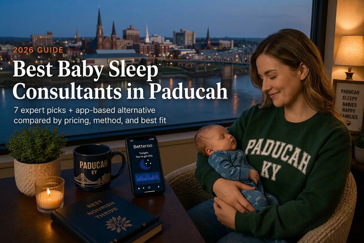 Mother holding sleeping baby by a window over the Ohio River at dusk, baby sleep consultants in Paducah