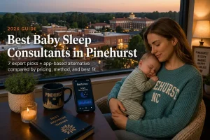 Mother holding sleeping baby by window over the village and historic hotel, baby sleep consultants in Pinehurst
