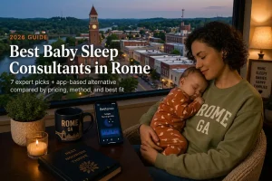 Mother holding sleeping baby by a window over Rome's clock tower at dusk, baby sleep consultants in Rome