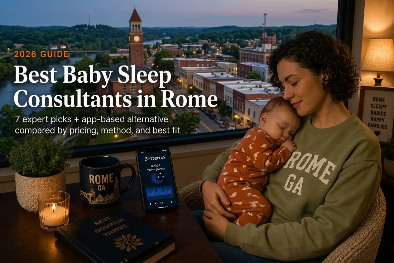 Mother holding sleeping baby by a window over Rome's clock tower at dusk, baby sleep consultants in Rome