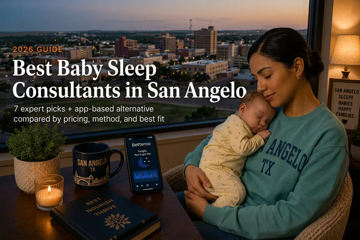 Mother rocking a sleeping baby beside the Concho River at dusk, baby sleep consultants in San Angelo