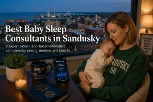 Mother holding sleeping baby by a window overlooking Sandusky and Lake Erie, baby sleep consultants in Sandusky