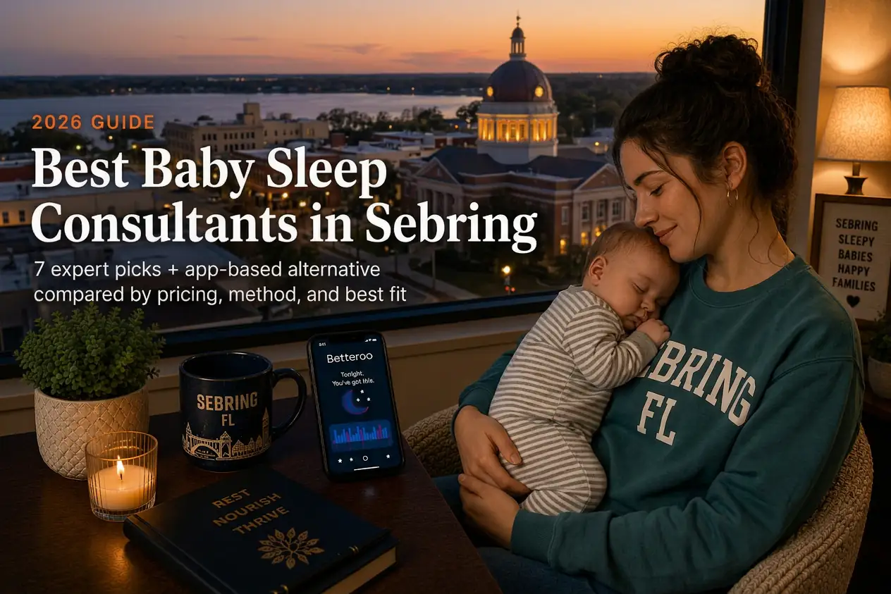 Mother holding sleeping baby by window over a domed courthouse and lake, baby sleep consultants in Sebring