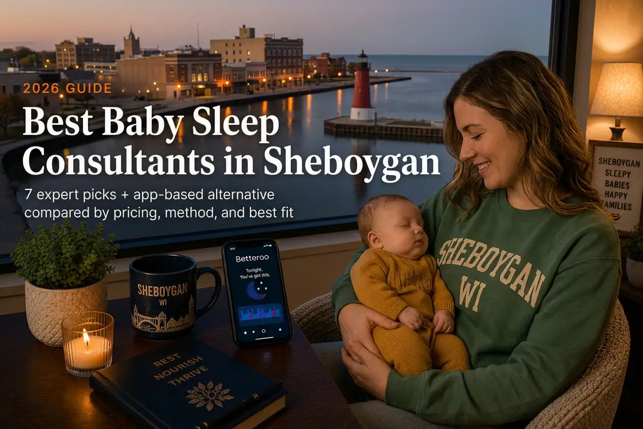 Mother holding sleeping baby by a window overlooking the Sheboygan lighthouse at dusk, baby sleep consultants in Sheboygan