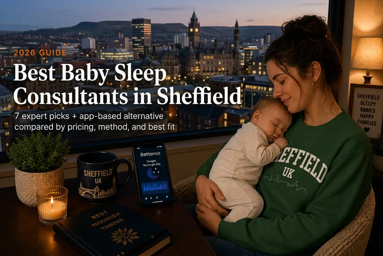 Mother rocking a sleeping baby by a window over the hilly Sheffield skyline, baby sleep consultants in Sheffield