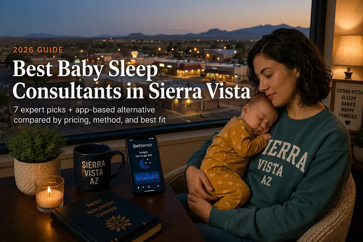 Mother rocking a sleeping baby beneath the Huachuca Mountains at dusk, baby sleep consultants in Sierra Vista