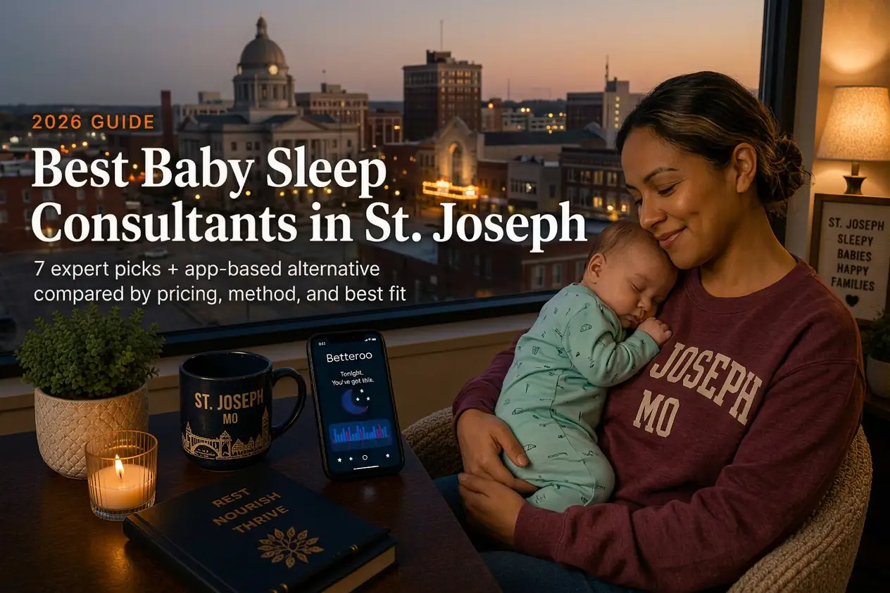 Mother holding sleeping baby by a window over downtown St. Joseph, baby sleep consultants in St. Joseph