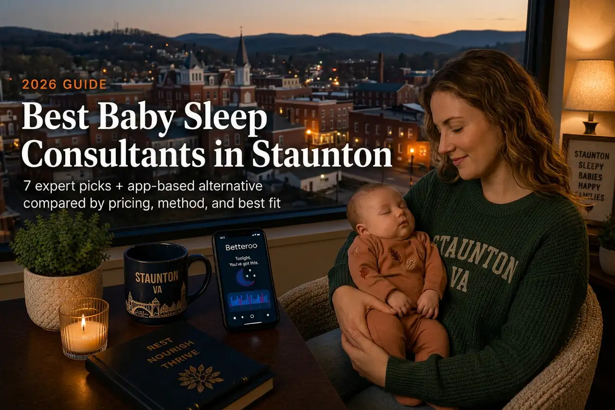 Mother rocking a sleeping baby near the Blue Ridge at dusk, guide to baby sleep consultants in Staunton