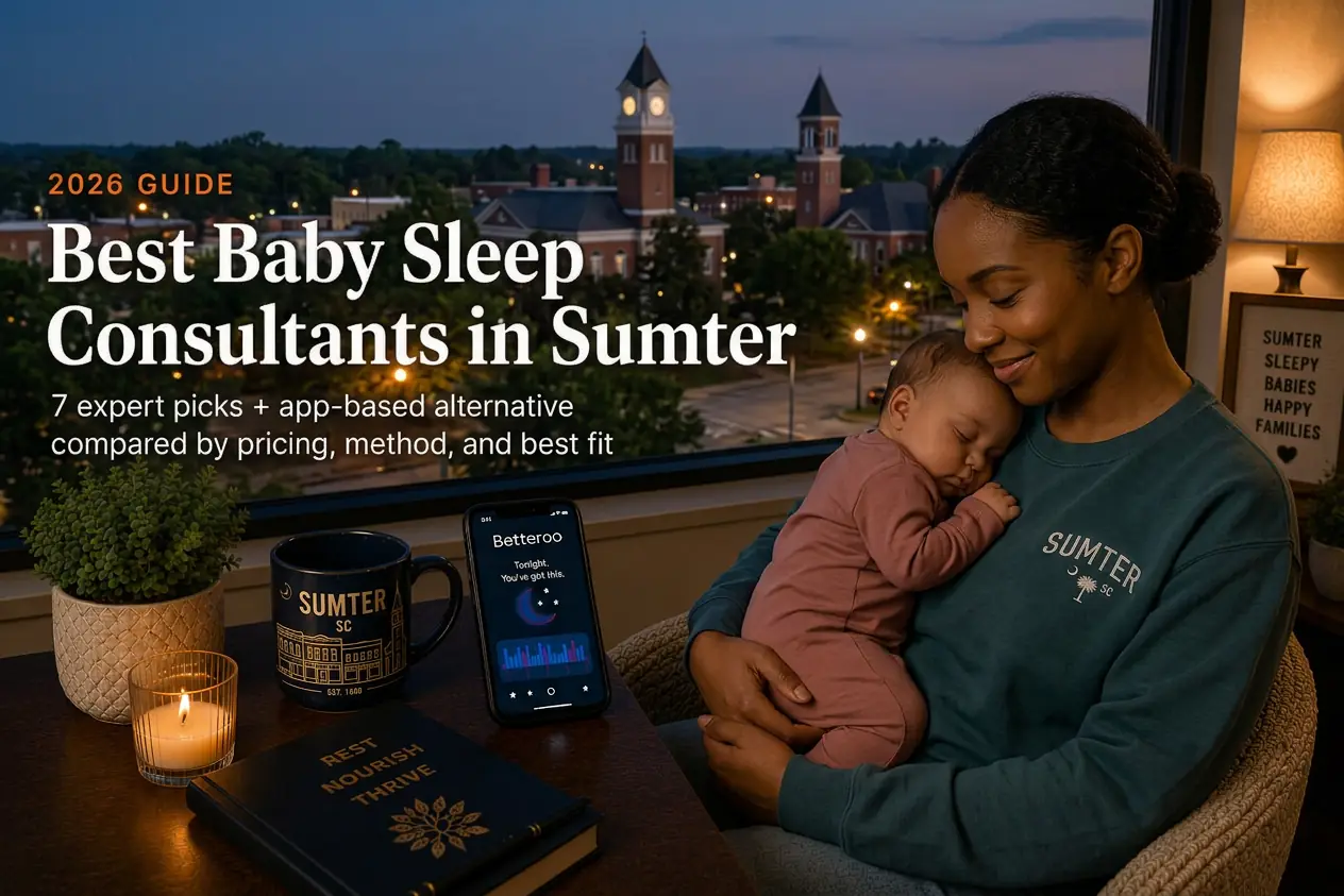 Mother holding sleeping baby by a window over Sumter clock towers at dusk, baby sleep consultants in Sumter