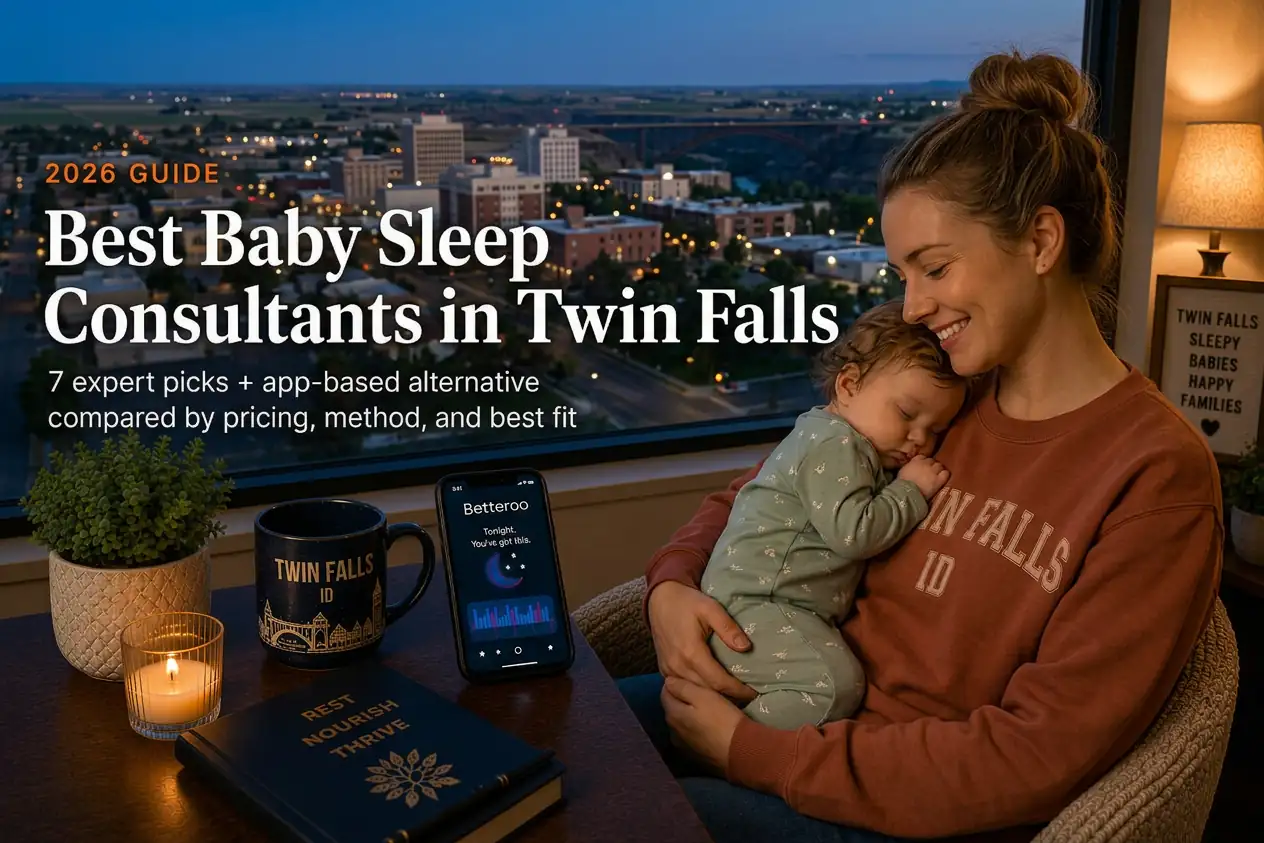 Mother rocking a sleeping baby near the Perrine Bridge at dusk, baby sleep consultants in Twin Falls