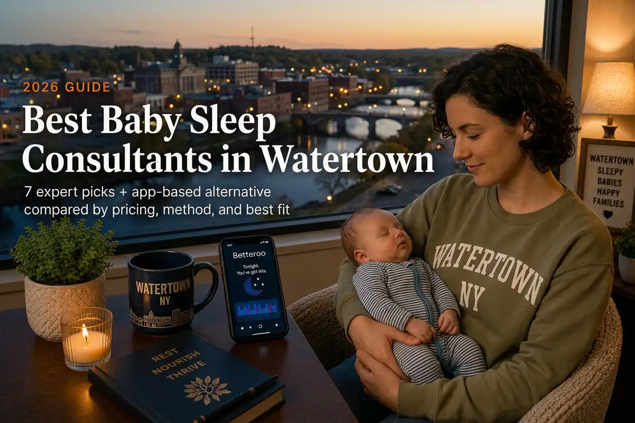 Mother holding sleeping baby by window over the Black River bridges at dusk, baby sleep consultants in Watertown