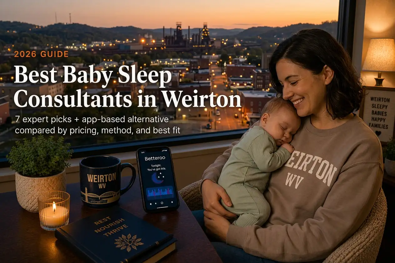 Mother holding sleeping baby by window over Weirton's hills and steel mill, baby sleep consultants in Weirton