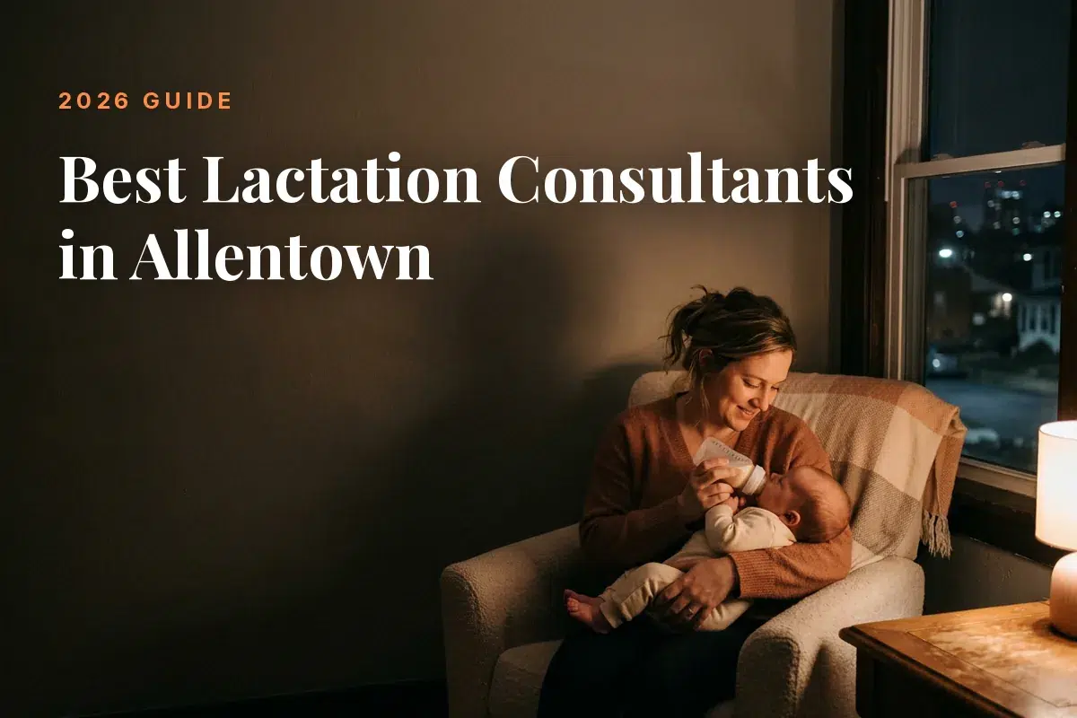 Mother feeding her baby at home in Allentown at night, cover image for the Betteroo guide to the best lactation consultants in Allentown in 2026