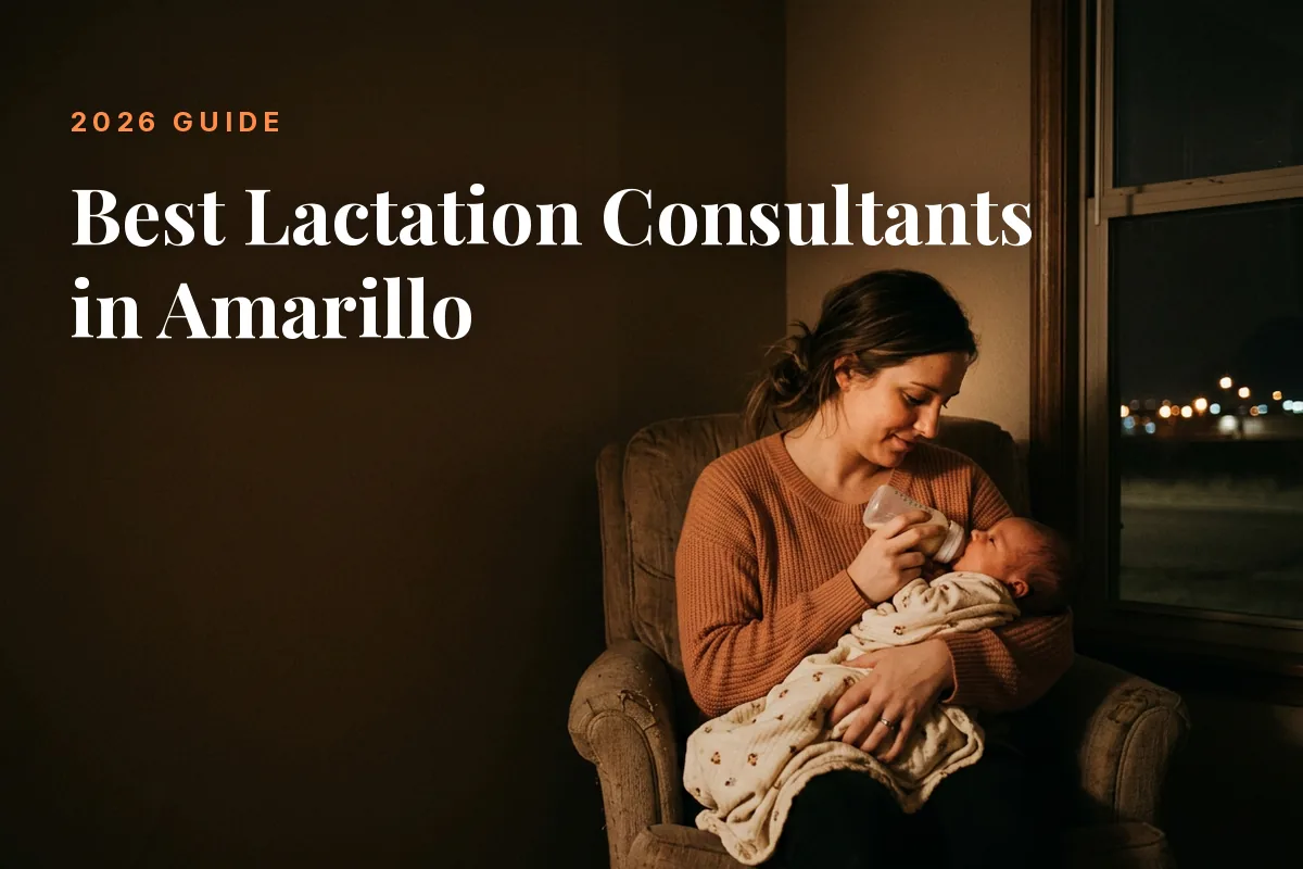 Mother feeding her baby at home in Amarillo at night, cover image for the Betteroo guide to the best lactation consultants in Amarillo in 2026