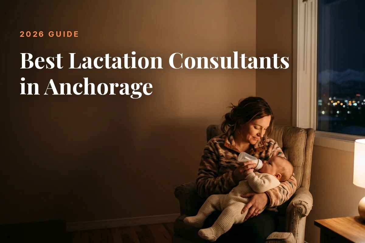 Mother feeding her baby at home in Anchorage at night, cover image for the Betteroo guide to the best lactation consultants in Anchorage in 2026