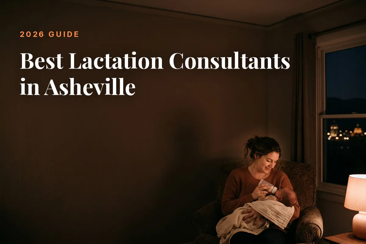 Mother feeding her baby at home in Asheville at night, cover image for the Betteroo guide to the best lactation consultants in Asheville in 2026