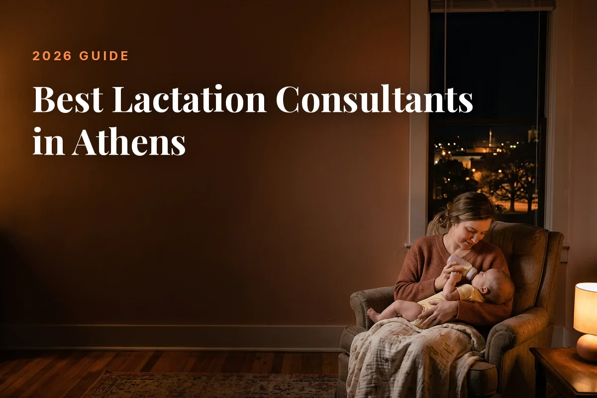 Mother feeding her baby at home in Athens at night, cover image for the Betteroo guide to the best lactation consultants in Athens in 2026