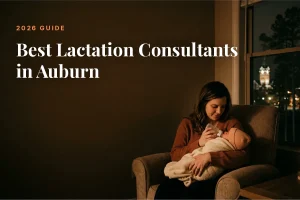Mother feeding her baby at home in Auburn at night, cover image for the Betteroo guide to the best lactation consultants in Auburn in 2026