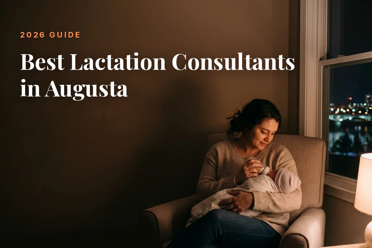 Mother feeding her baby at home in Augusta at night, cover image for the Betteroo guide to the best lactation consultants in Augusta in 2026