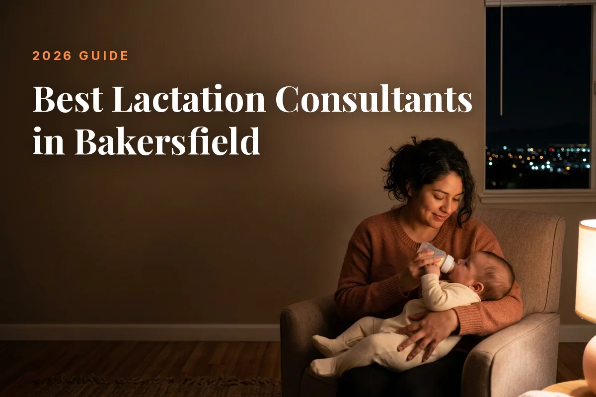 Mother feeding her baby at home in Bakersfield at night, cover image for the Betteroo guide to the best lactation consultants in Bakersfield in 2026
