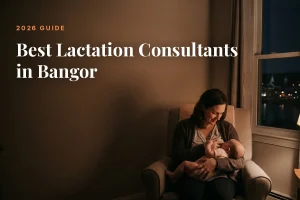 Mother feeding her baby at home in Bangor at night, cover image for the Betteroo guide to the best lactation consultants in Bangor in 2026
