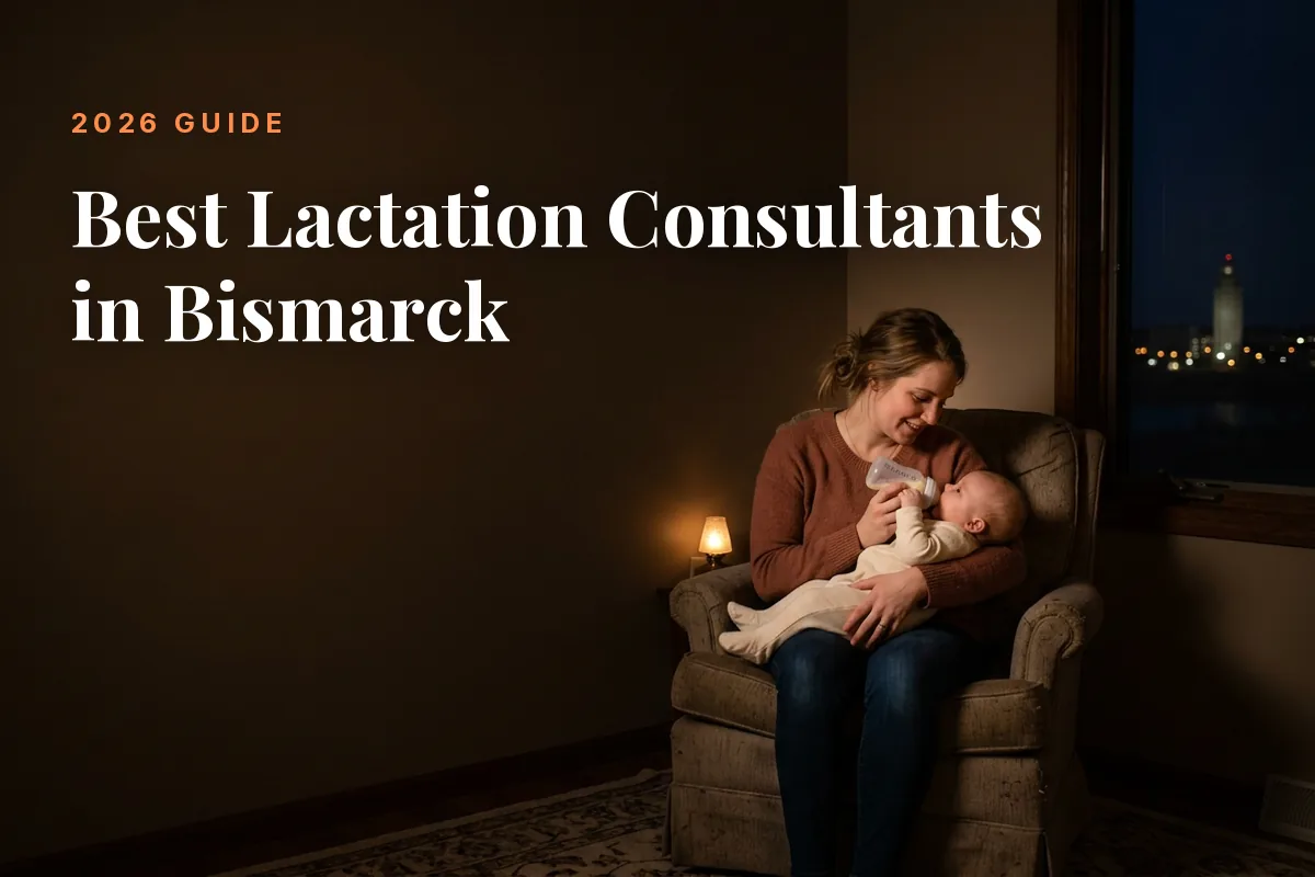 Mother feeding her baby at home in Bismarck at night, cover image for the Betteroo guide to the best lactation consultants in Bismarck in 2026